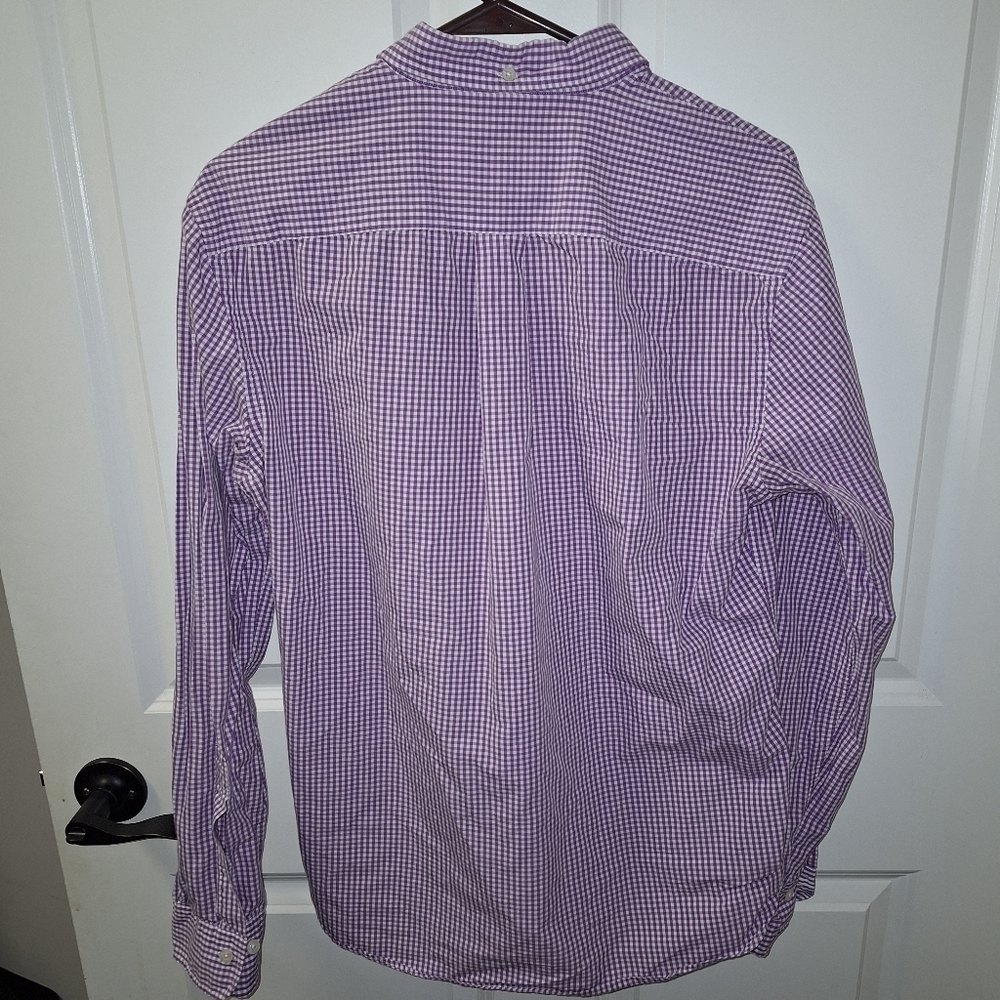 A Brooks Brothers purple plaid long sleeve button-down shirt in a men's medium. - Picture 7 of 7